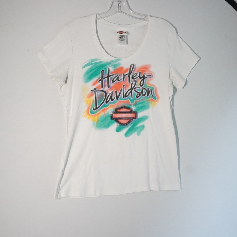 Harley-Davidson White Tee with Teal, Orange and Yellow Airbrush Graphic